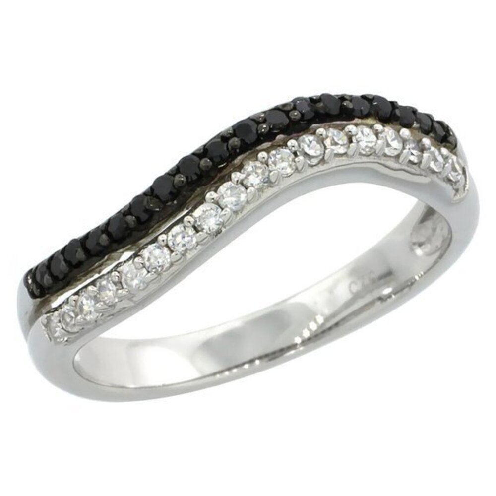Sterling Silver Double Wire Wavy Ring w/ Brilliant Cut Clear & Black CZ Stones